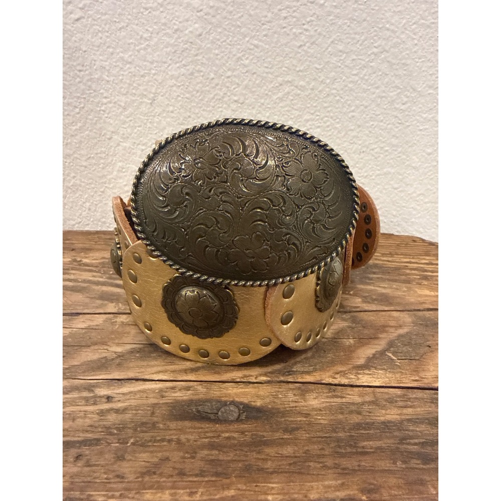 Vintage Fossil Womens Gold Brass Western Concho Belt Genuine Leather Boho Med